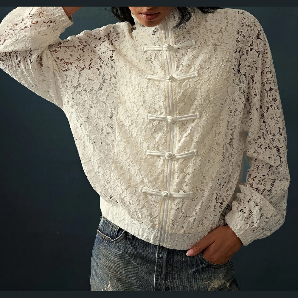 Cream Sheer Unlined Lace Frog Button Stand Collar Cropped Jacket